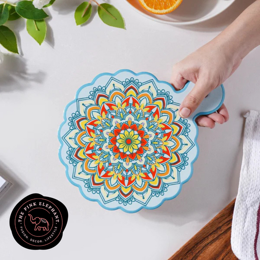 Round Blue Mandala Trivet with Handle