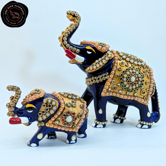 Mini Blue Elephant Stone Figurine Pair