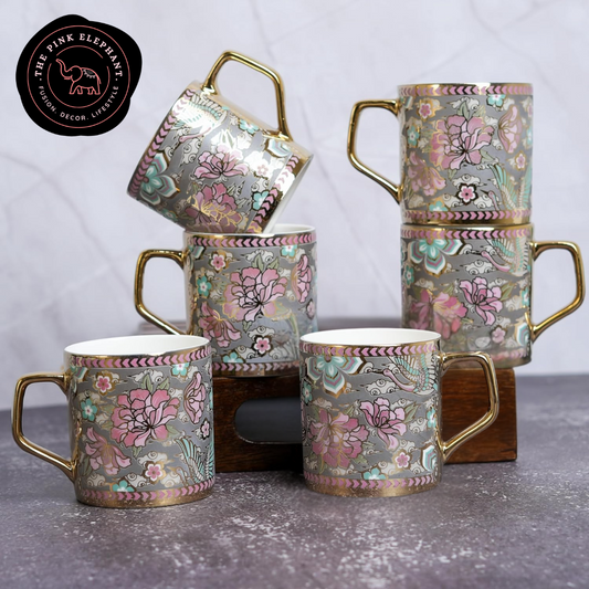 Gold Trim Cup Set - Grey & Pink