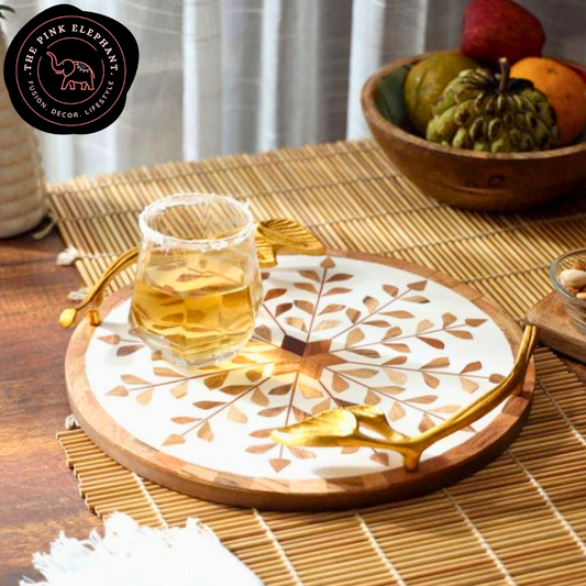 White Inlay Metal Handle Wood Tray