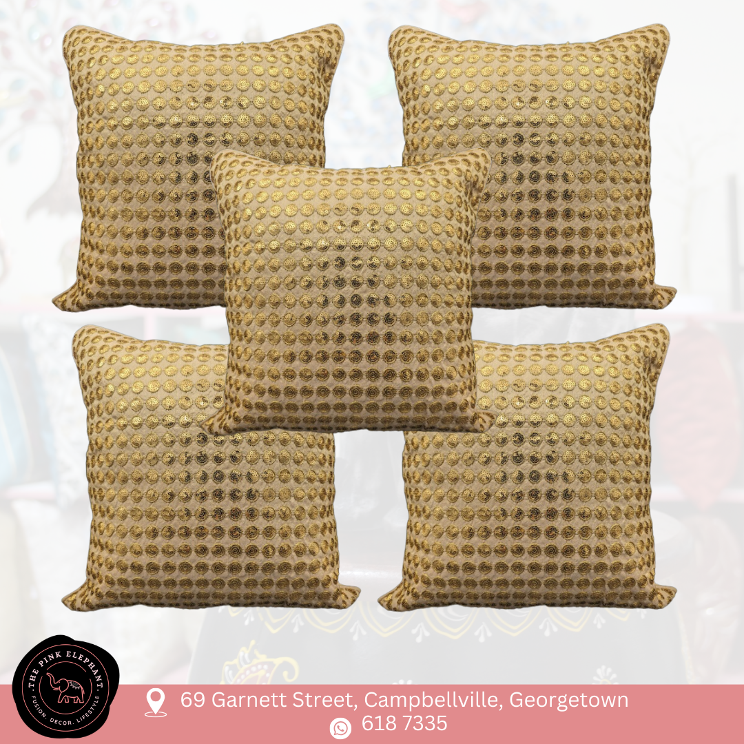 Beige Gold Round Sequins Cushion Cover