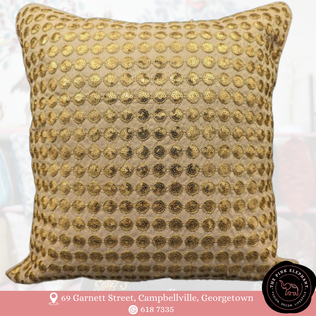 Beige Gold Round Sequins Cushion Cover